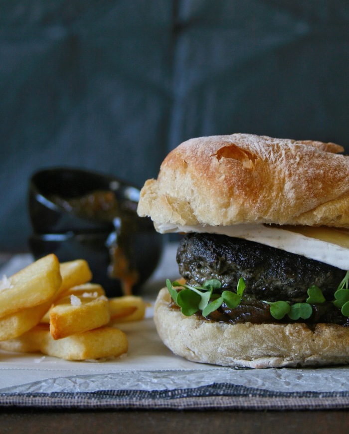 Beef and mushroom burger on ciabatta with brie