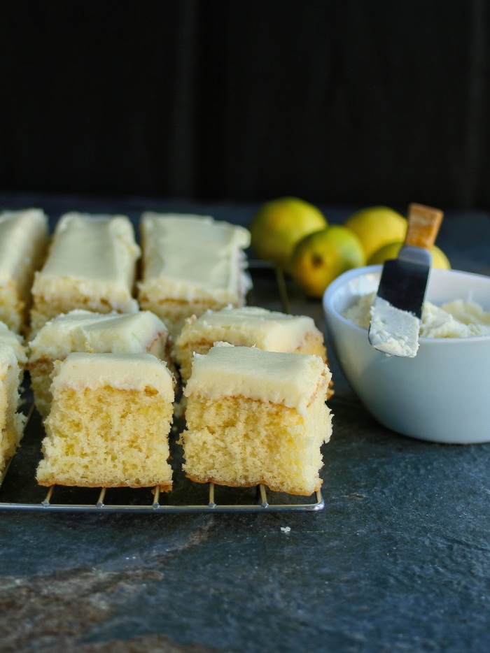 Lemon cake with lemon zest and lemon butter icing. 