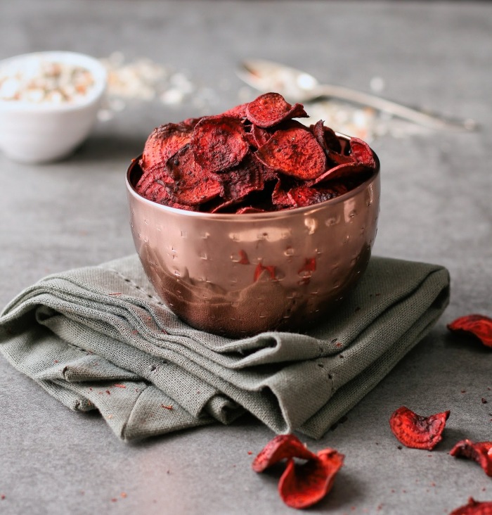 Beetroot crisps in a bowl. 