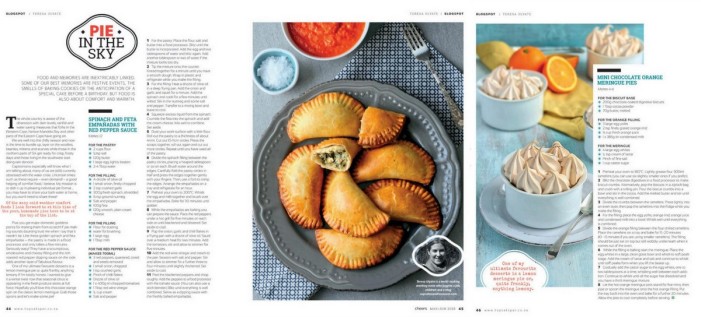 Spinach empanadas and chocolate meringue pies in Cheers magazine