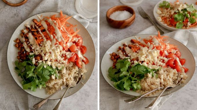 Quinoa bowl with chickpeas and tahini dressing